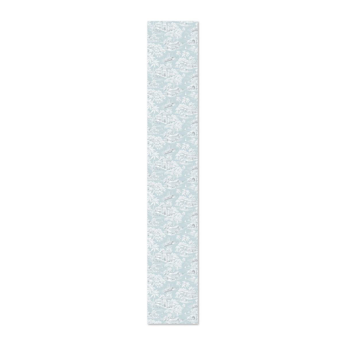 Elegant scenic wallpaper for a beach house featuring pale blue and white coastal illustrations.