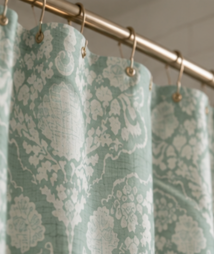 Sage and cream floral damask shower curtain with repeating ornate medallion design