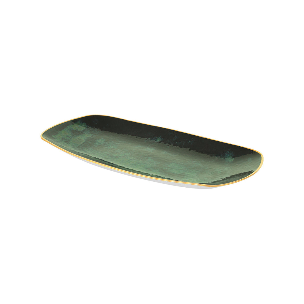 Close-up of the rich reactive green malachite glaze and hand-brushed 24K gold rim on a Portuguese porcelain platter.