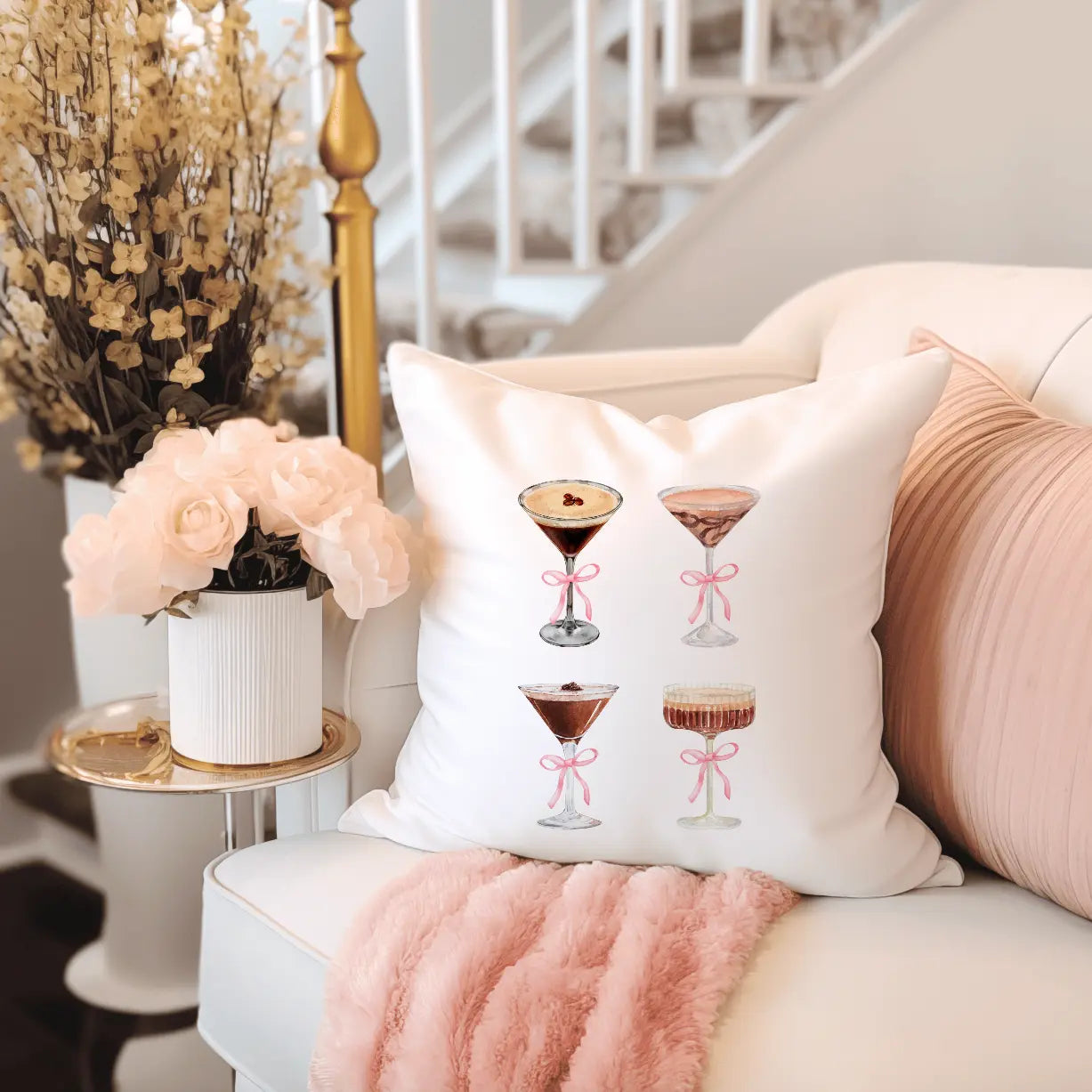 Coquette Espresso Martini Throw Pillow featuring illustrated cocktail glasses with pink bows on a white cushion.