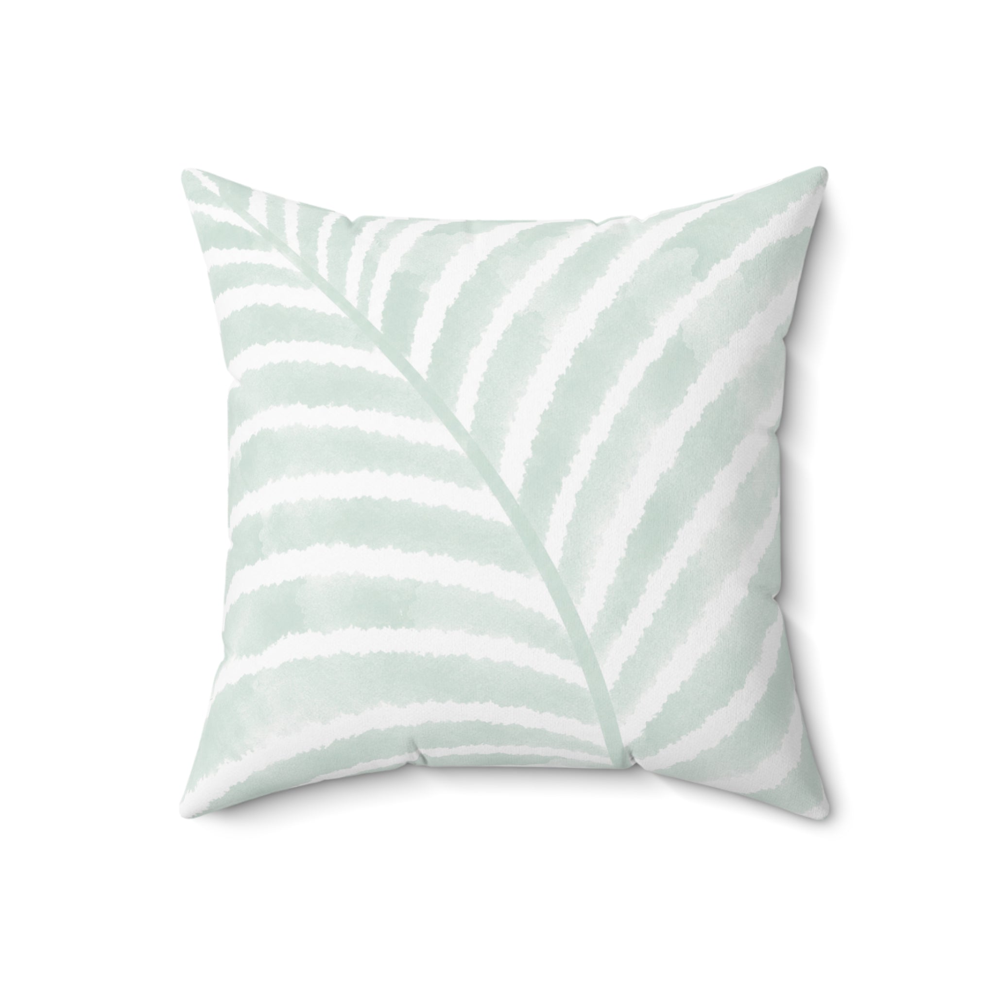 Tropical throw pillow with soft green palm leaf stripes and a clean neutral look.