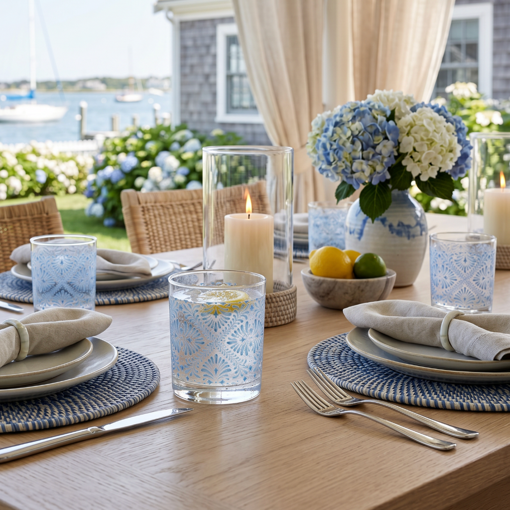 Ocean blue cocktail glass with a patterned seaside aesthetic.