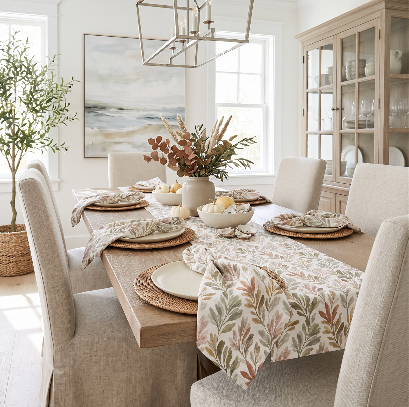 Fall linen napkins featuring painterly olive branches, arranged with woven placemats and neutral dinnerware.
