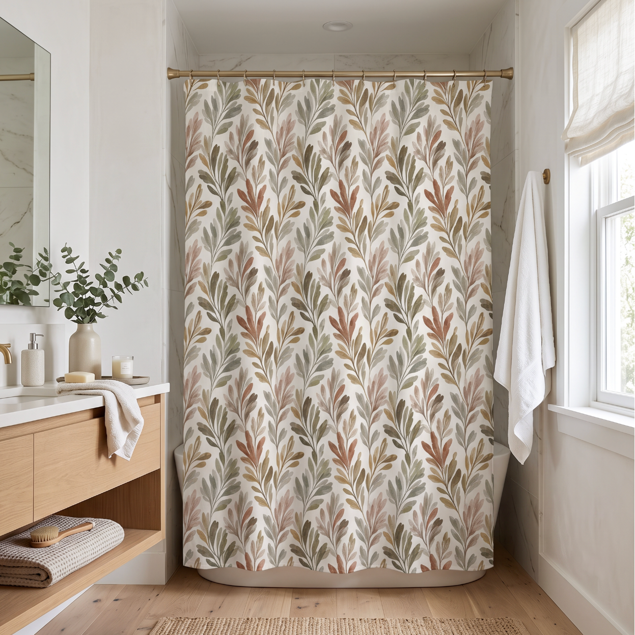 White shower curtain with repeating autumn leaf branches in sage green, taupe, terracotta, and blush.