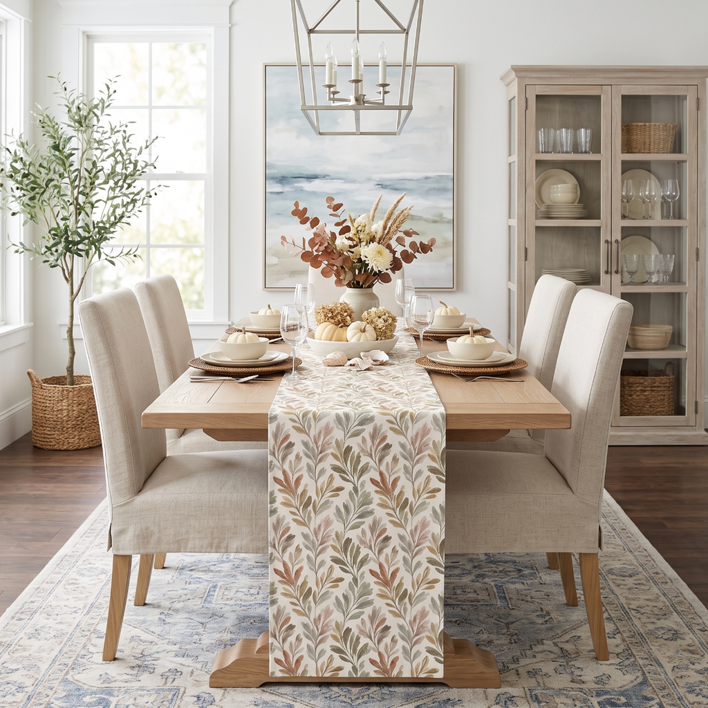 Botanical olive grove runner creating a warm Mediterranean-inspired Thanksgiving table setting.