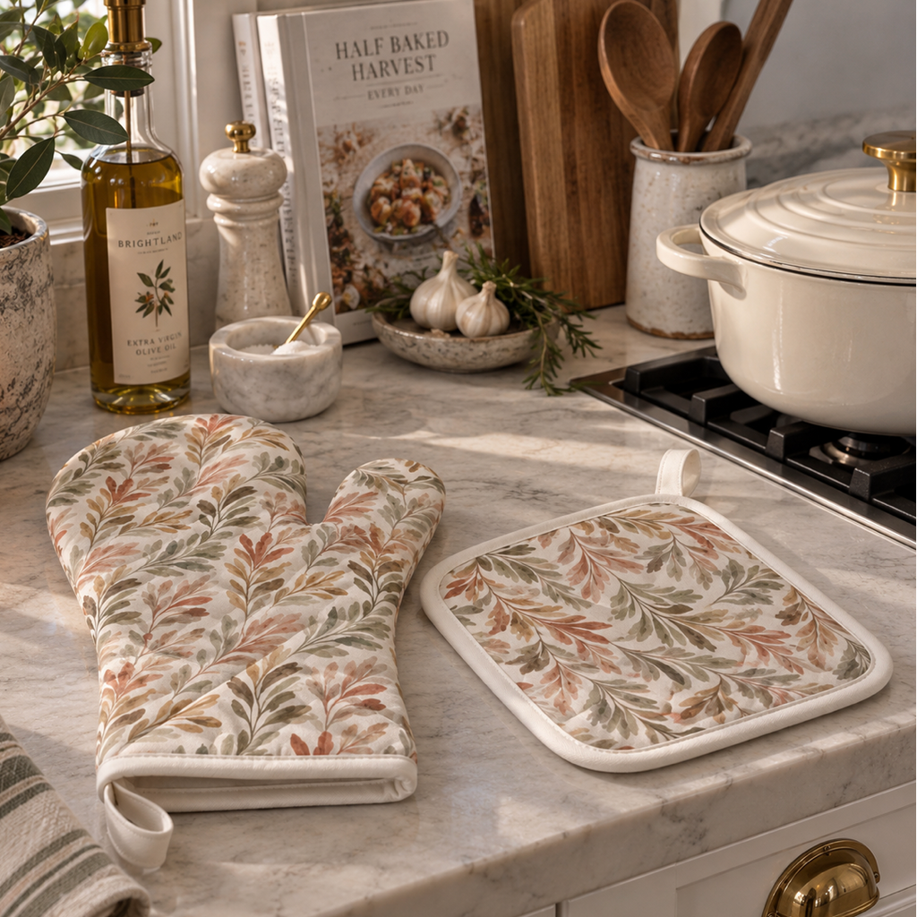 Two-piece cotton kitchen set featuring a nature-inspired leaf print, oven mitt and trivet-style pot holder