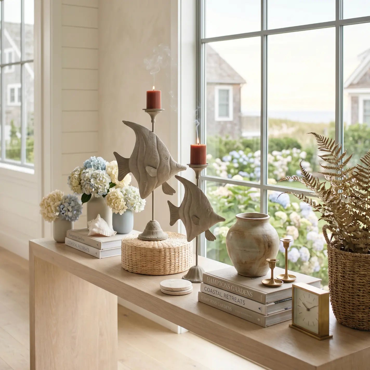 Pair of fish candle holders with lit candles on a coastal mantel