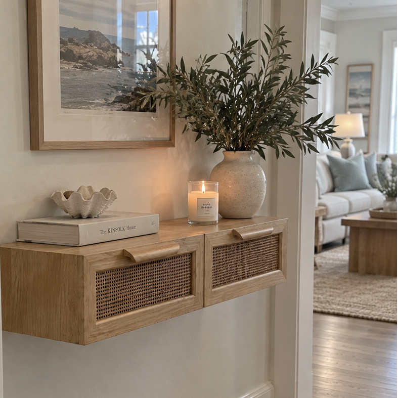 Floating rattan console table with two cane-front drawers and a light natural wood finish