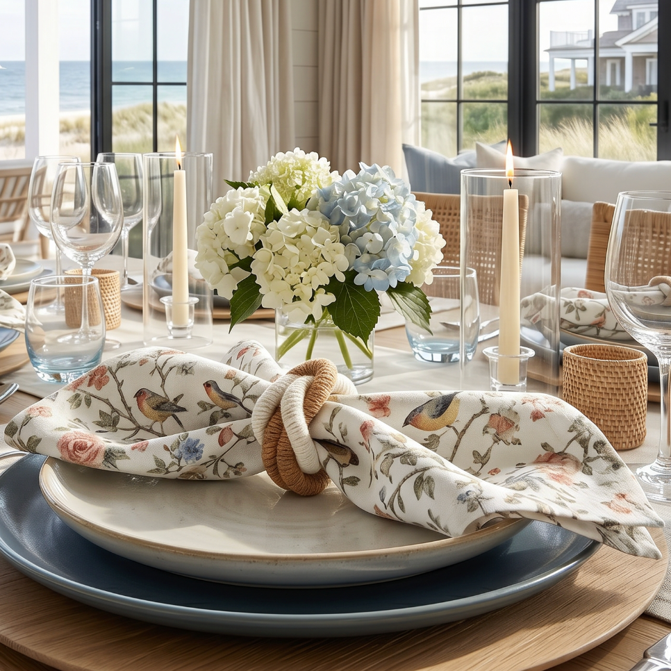 Floral songbird and vine pattern linen napkins stacked on a wooden farmhouse table