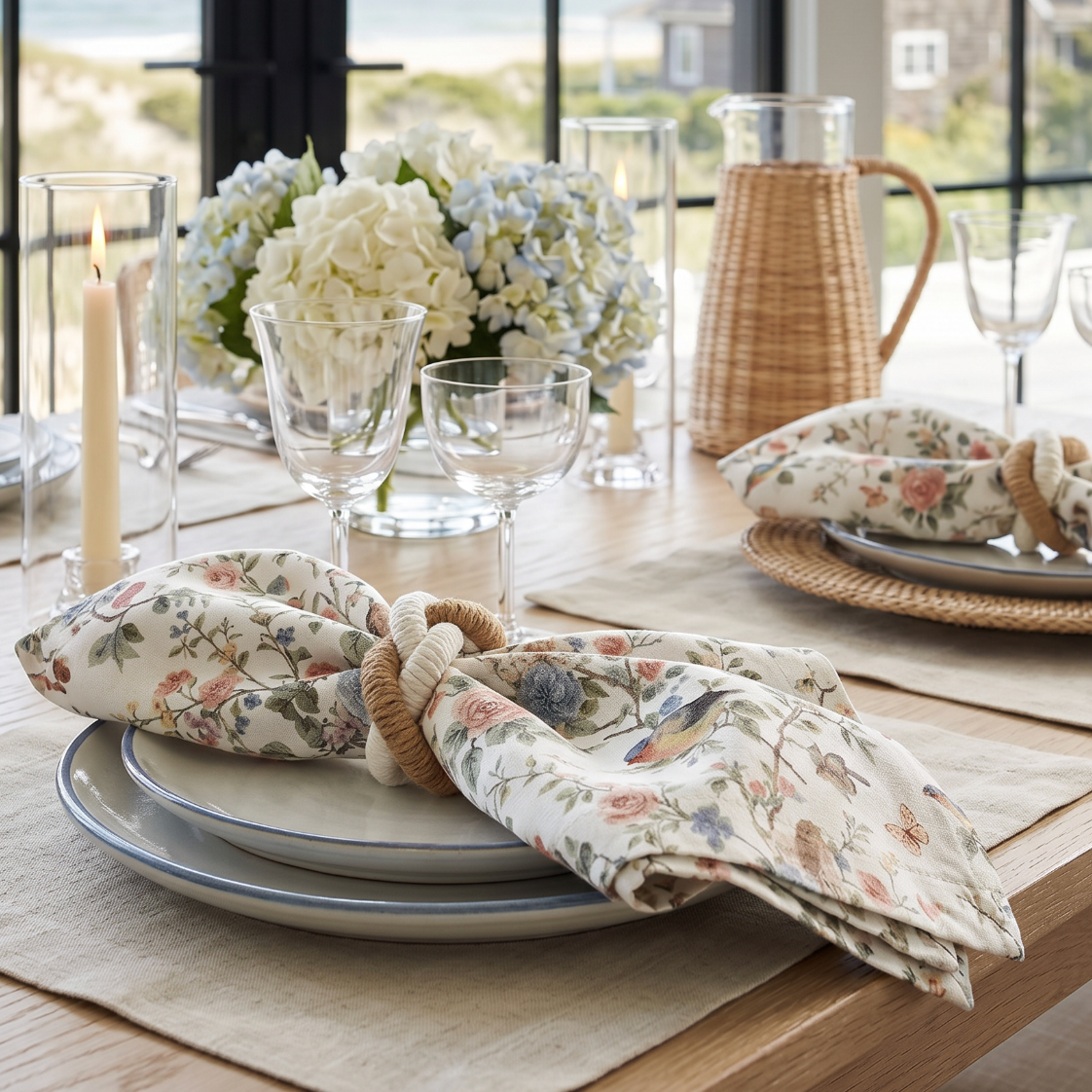 Set of four floral songbird linen napkins used for a spring brunch or tea party table setting