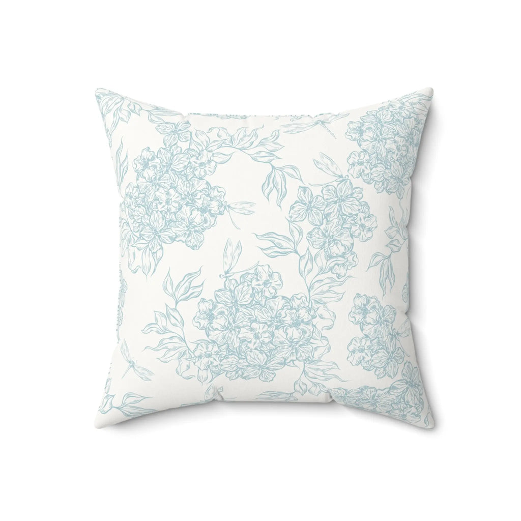 Chatham Hydrangea Suede Pillow with pale blue hydrangea sketches on a cream background