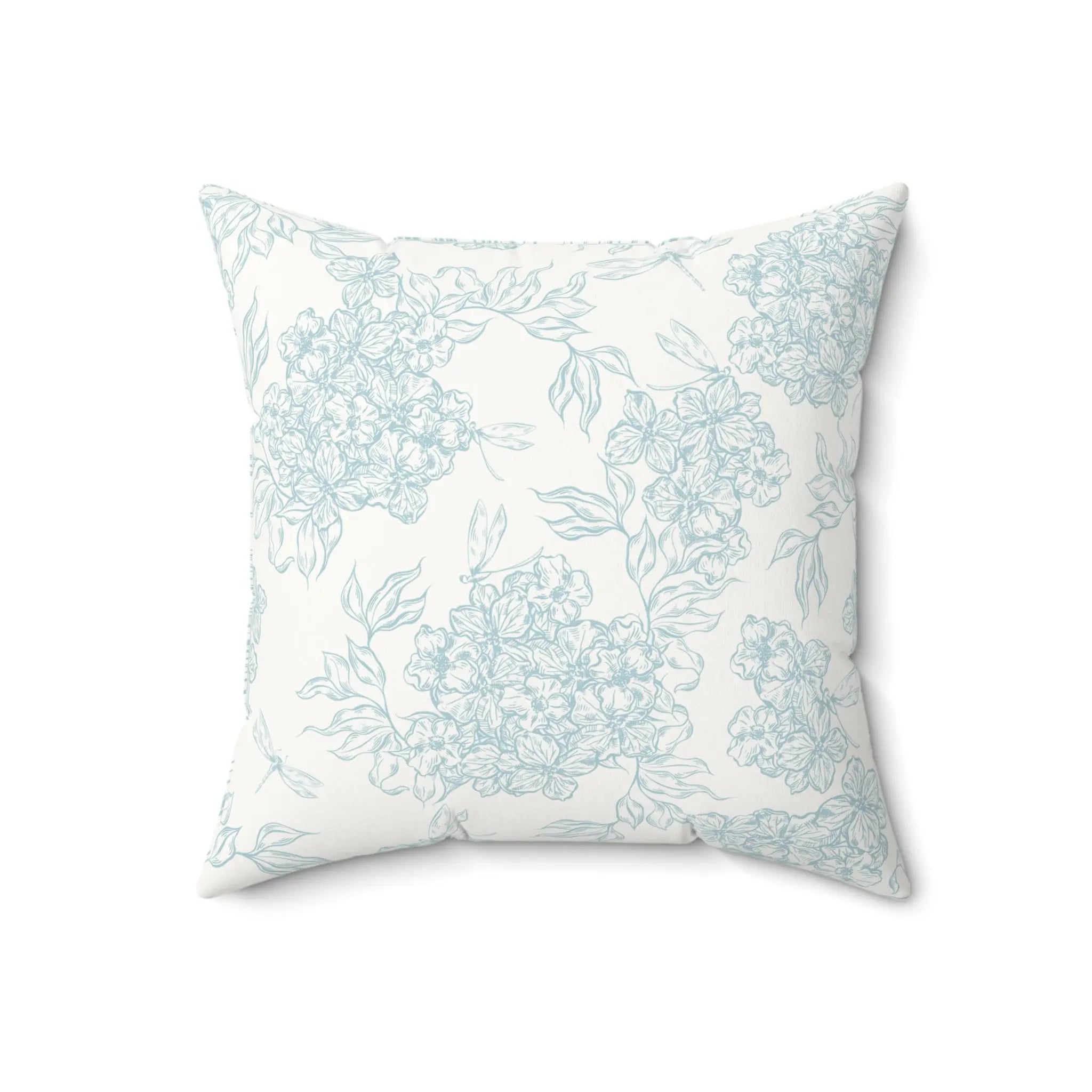 Chatham Hydrangea Suede Pillow with pale blue hydrangea sketches on a cream background