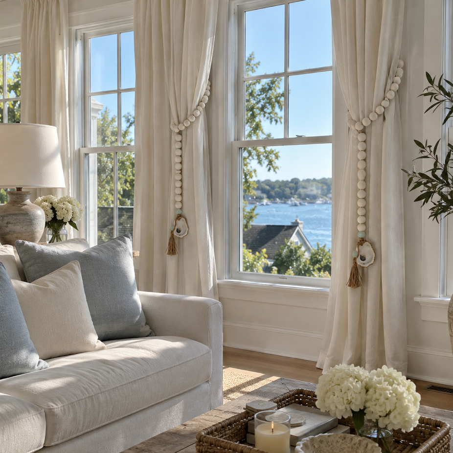 Gold bead garland styled as decorative coastal mantel decor