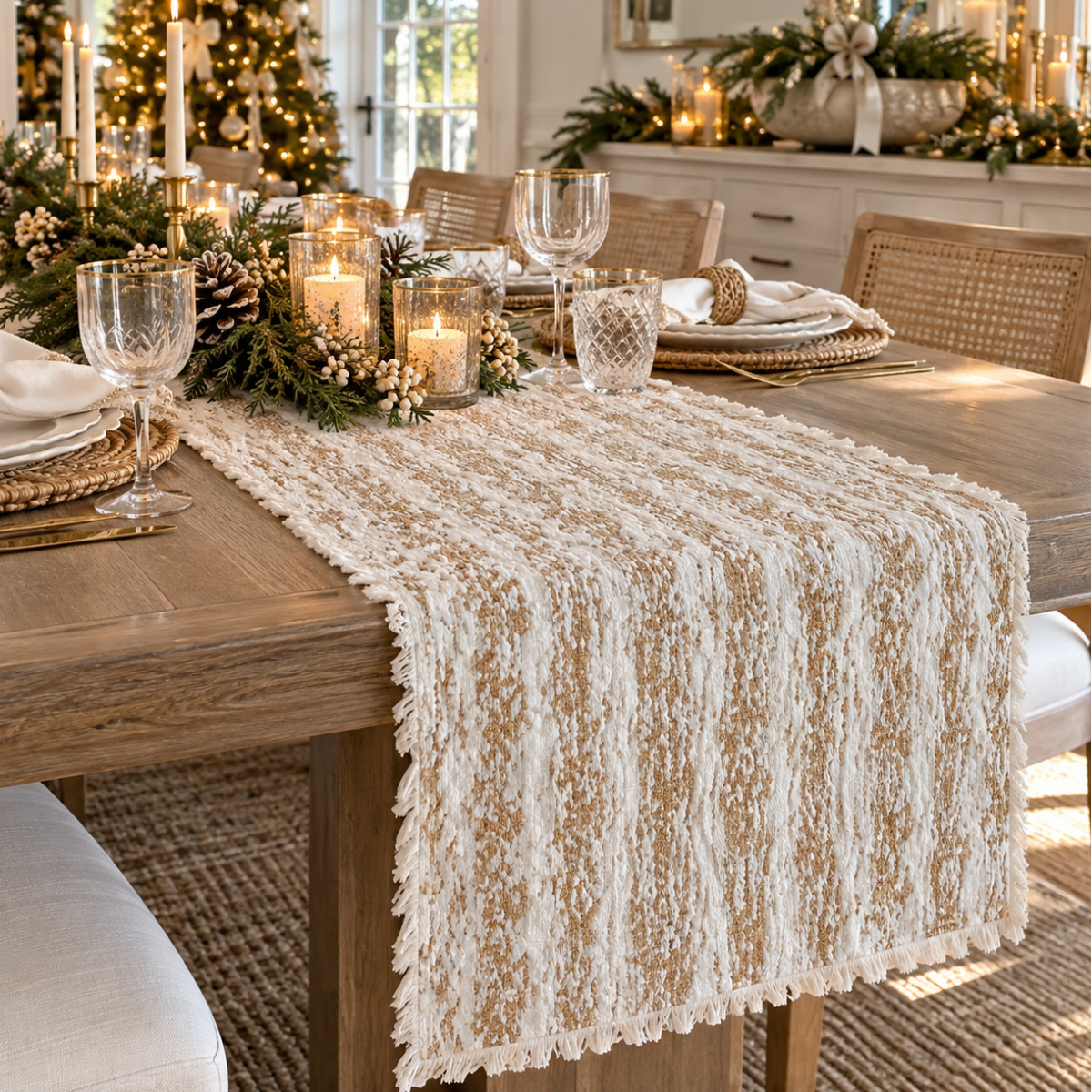 Gold faux fur metallic table runner with shimmering foil detailing for elegant Christmas dining and holiday table décor.