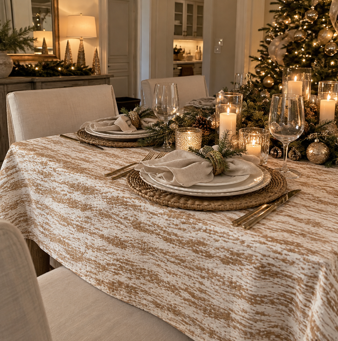 Gold metallic faux fur tablecloth styled for festive holiday entertaining and an elegant Christmas tablescape.