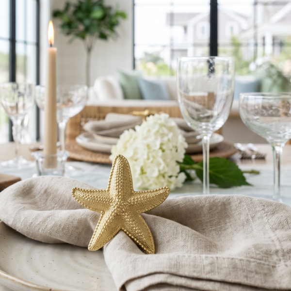 Decorative gold starfish napkin rings adding a coastal touch to a summer entertaining table