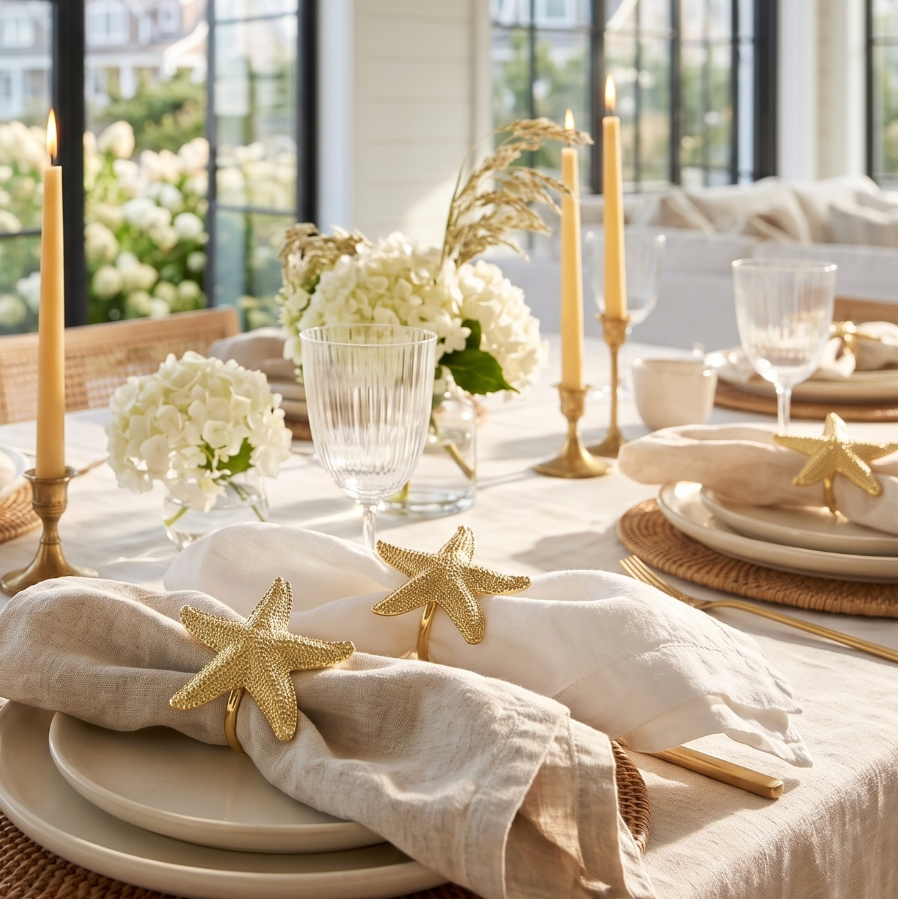 Set of 4 gold starfish napkin rings holding linen napkins on a coastal dining table