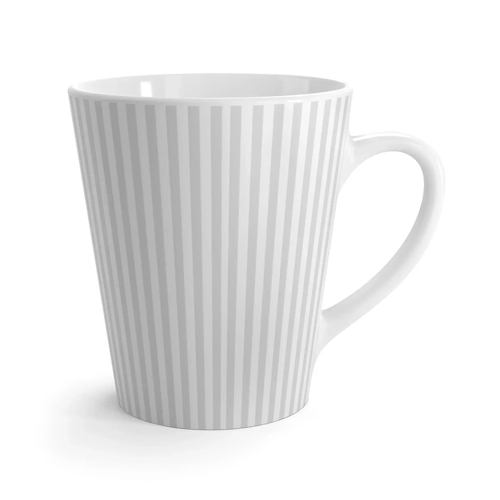 Gray and white striped ceramic coffee mug with simple, modern pattern.