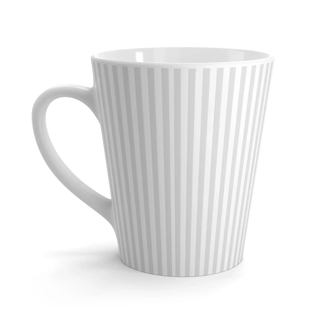 Gray and white striped ceramic coffee mug with simple, modern pattern.