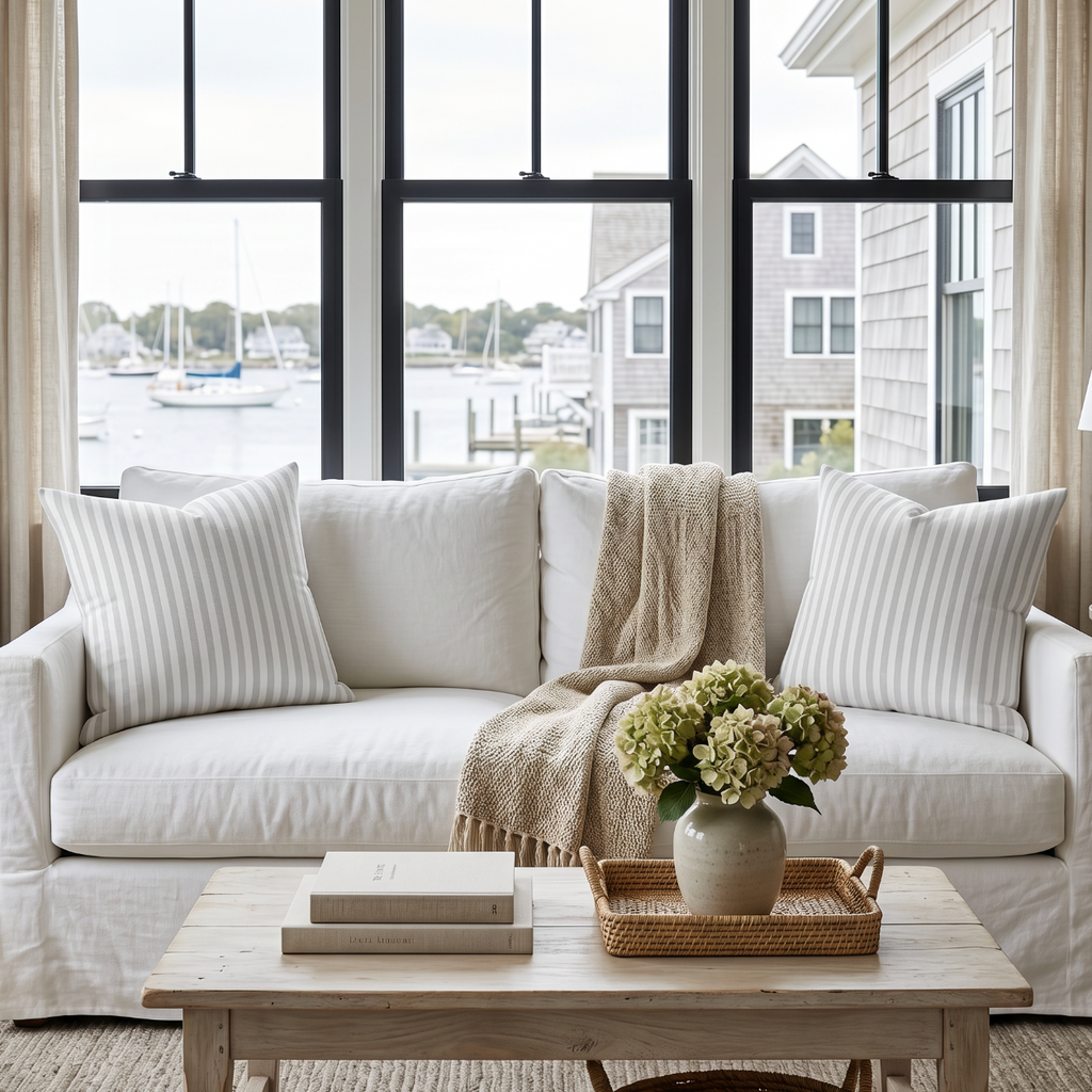 Gray and white striped throw pillow for coastal, modern, or farmhouse living room decor