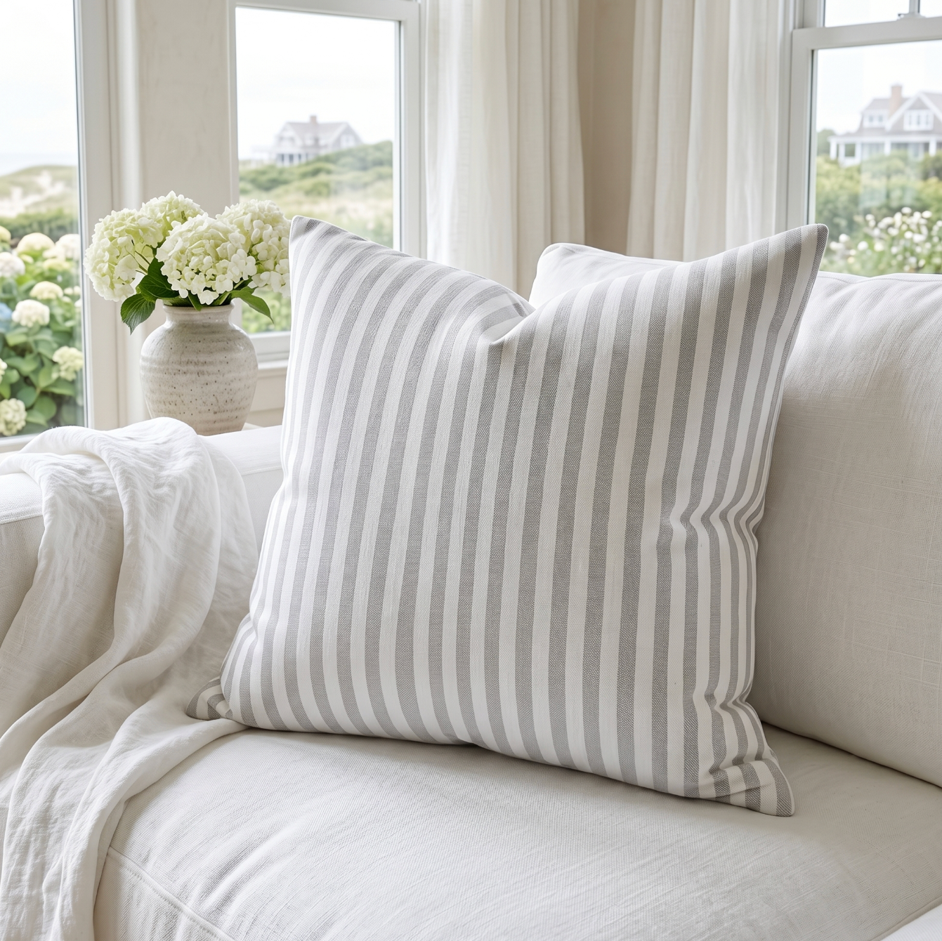 Gray and white stripe decorative pillow styled on a cream couch in a modern living room