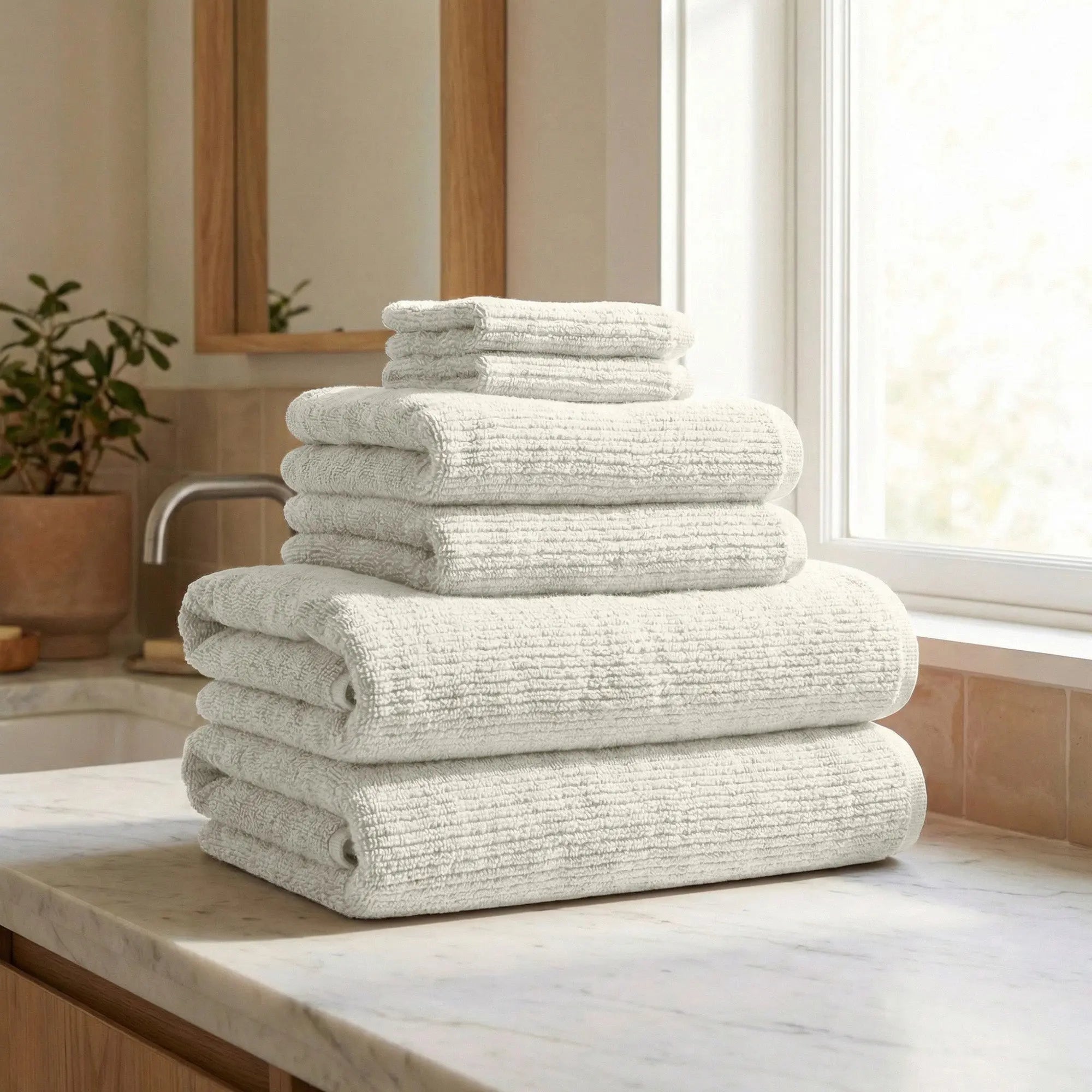 Turkish cotton ribbed 6-piece bath towel set in white