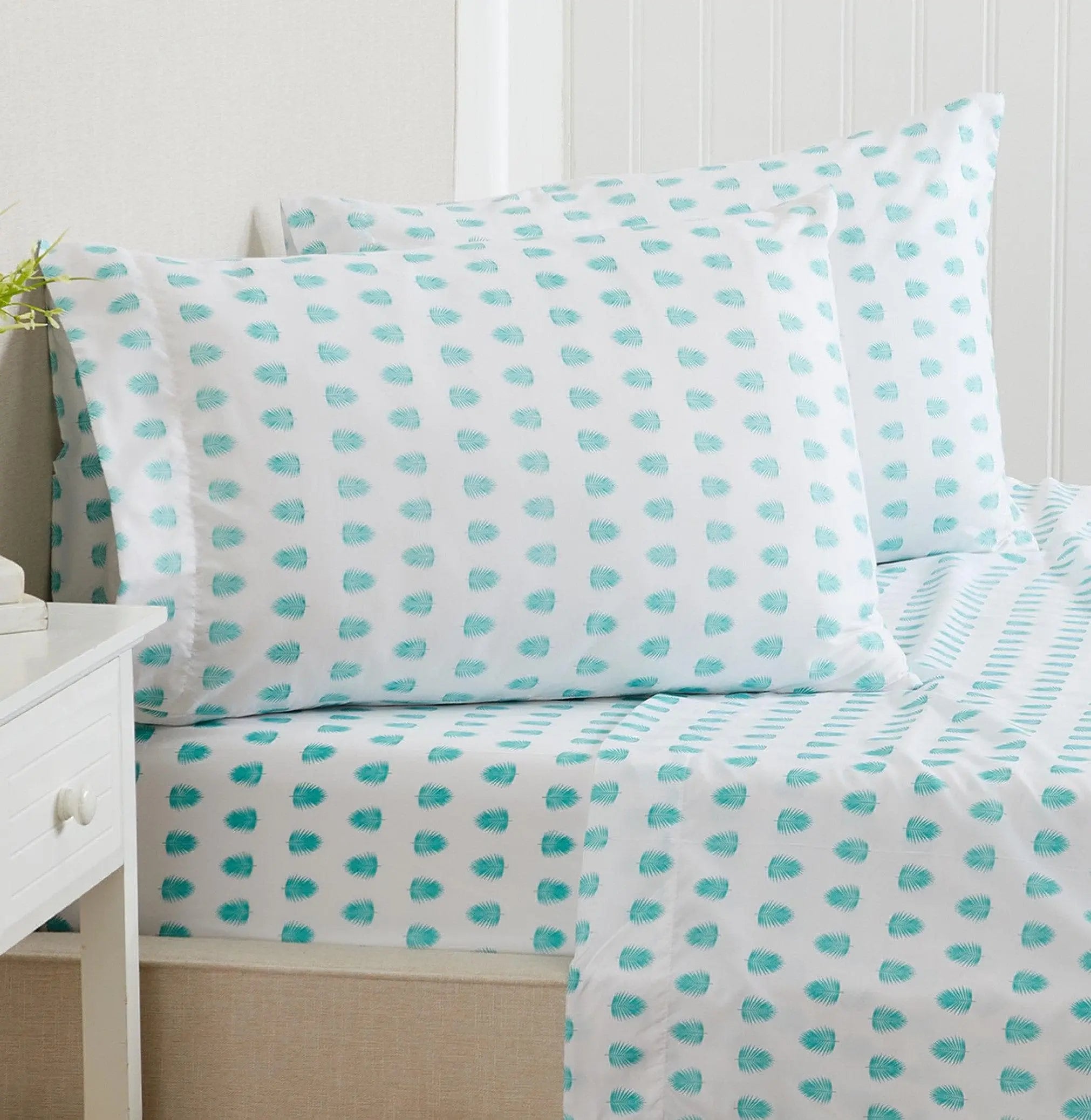 Coastal Sheet Set, Nantucket Collection by Great Bay Home; white sheets with teal shell-like print plus 2 pillows