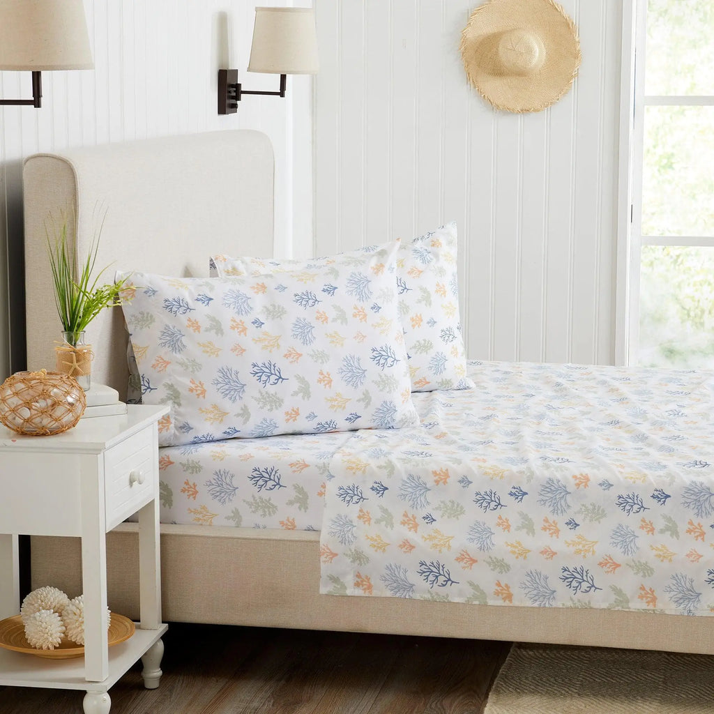 Coastal sheet set - Nantucket Collection by Great Bay Home; white with pastel seaweed print, two matching pillows.