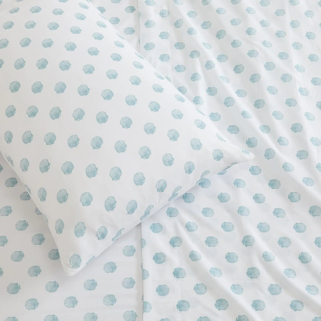 Coastal Sheet Set by Great Bay Home, Nantucket Collection; white sheets with light blue seashell print.