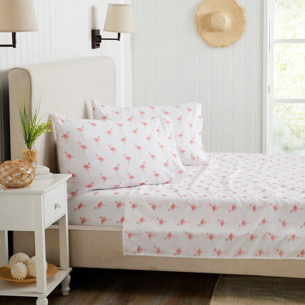 Coastal Sheet Set - Nantucket Collection by Great Bay Home; white sheets with pink flamingo print