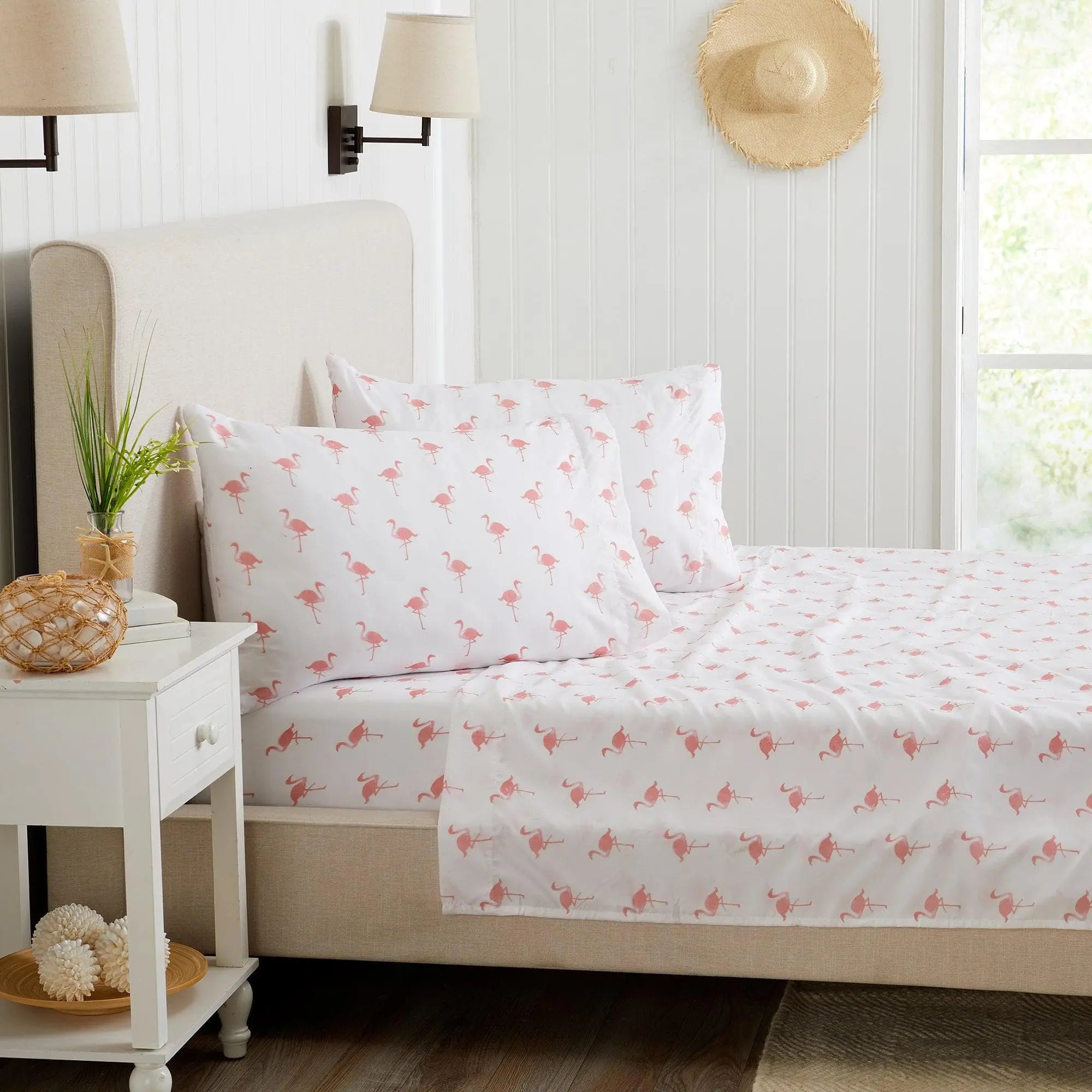 Coastal Sheet Set - Nantucket Collection by Great Bay Home; white sheets with pink flamingo print