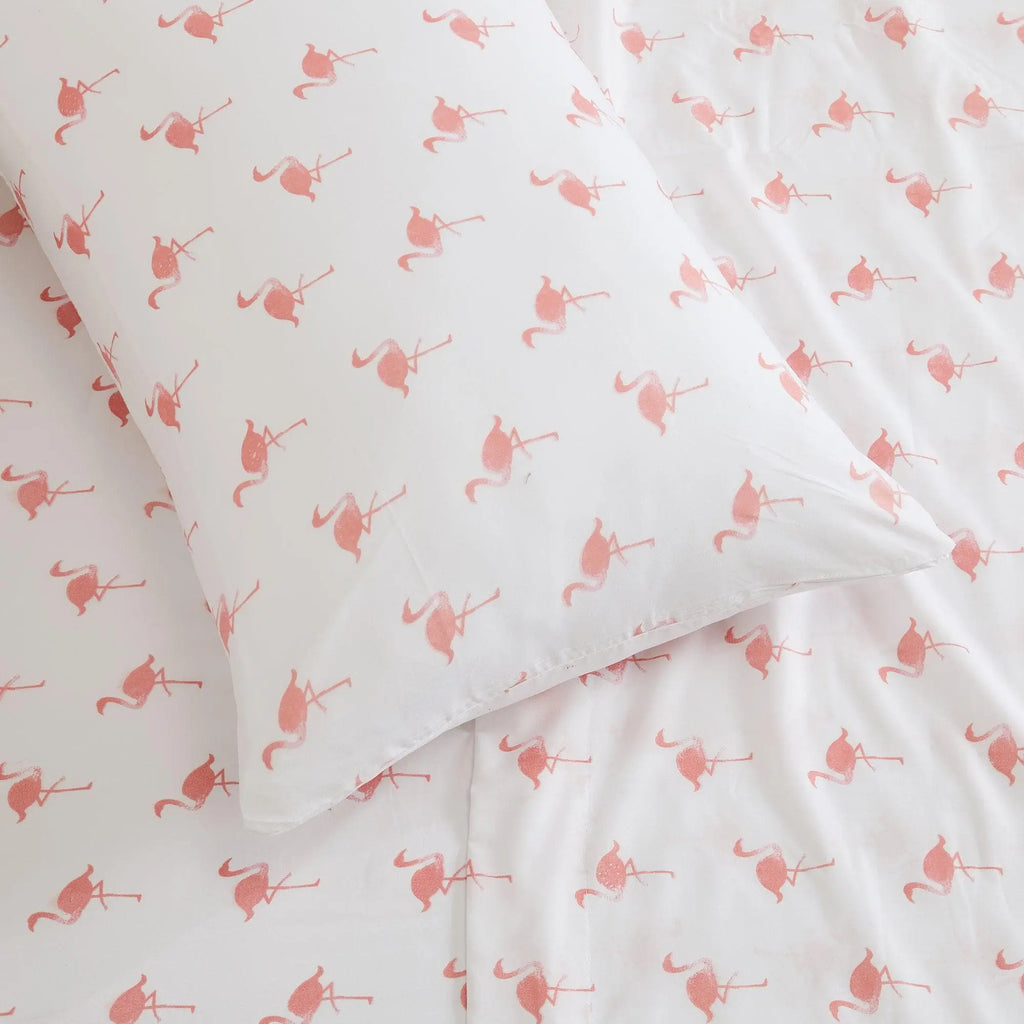 Coastal Sheet Set - Nantucket Collection by Great Bay Home, white with pink flamingo print