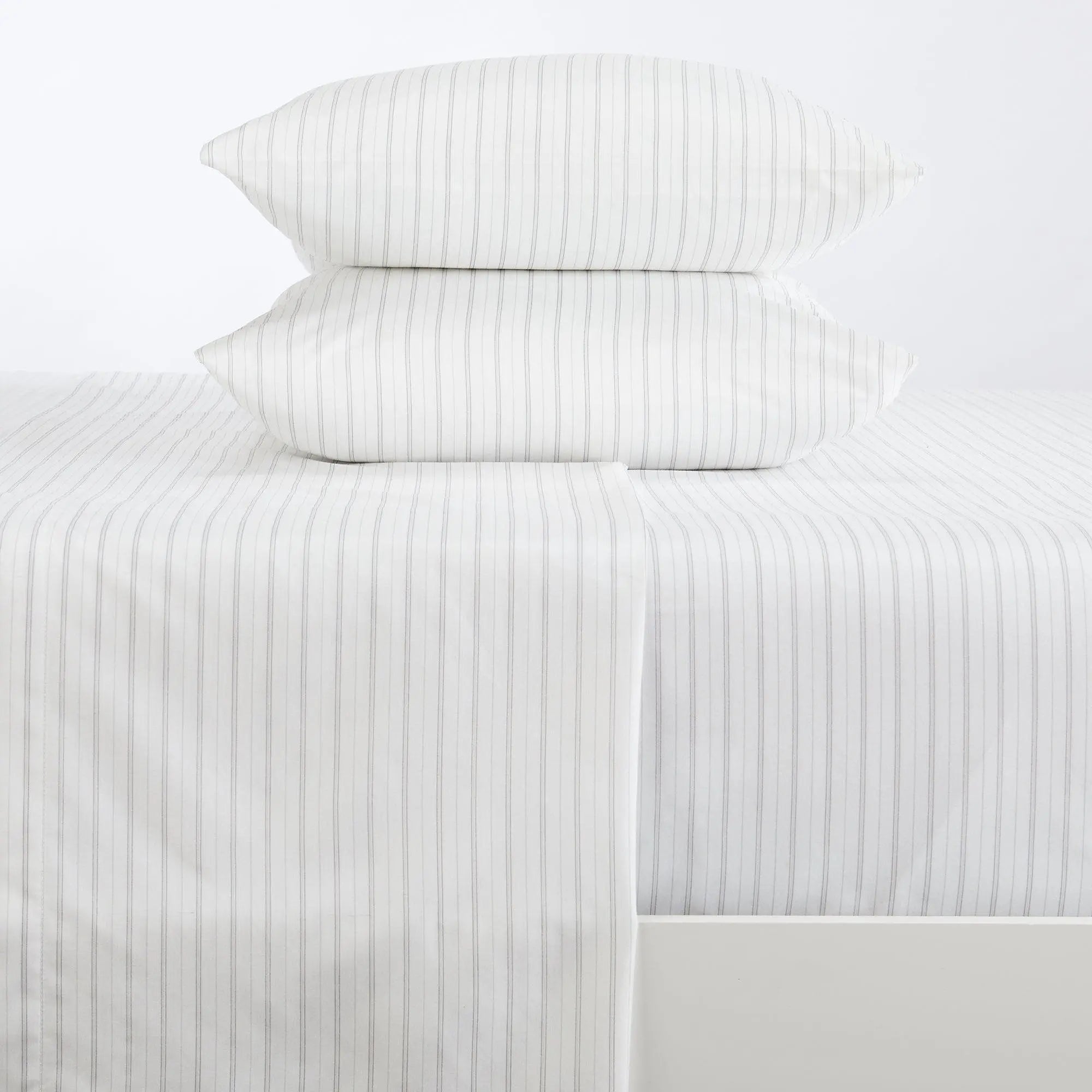 Stripe Sheet Set, Adeline Collection by Great Bay Home, white with gray stripes on bed (2 pillows).
