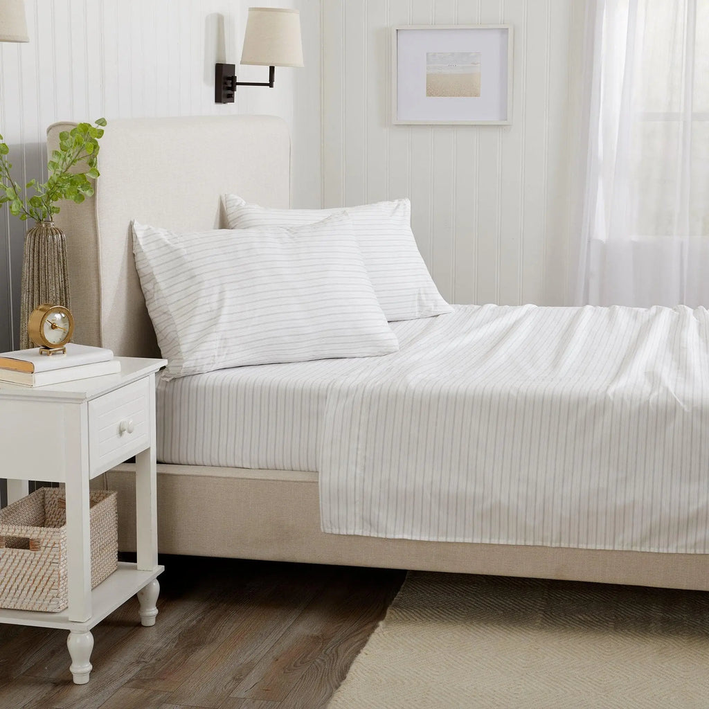 Stripe Sheet Set - Adeline Collection by Great Bay Home; white sheets with light gray stripes.