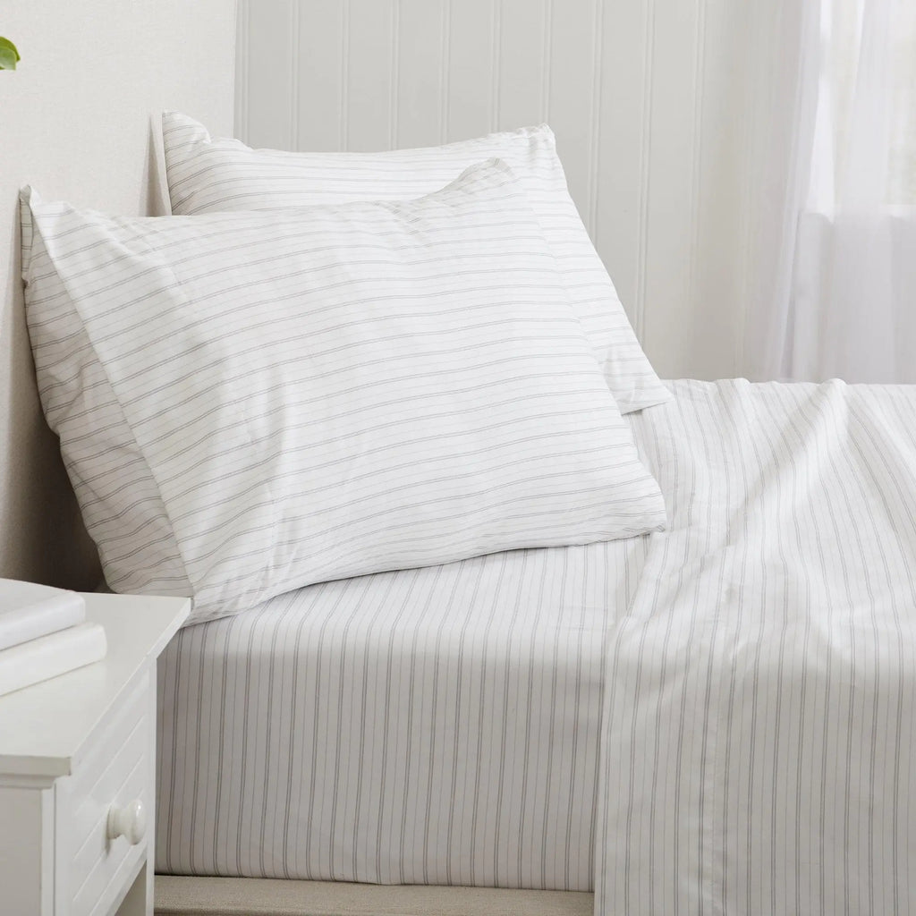 Stripe Sheet Set - Adeline Collection by Great Bay Home, white with light gray stripes and 2 pillows.