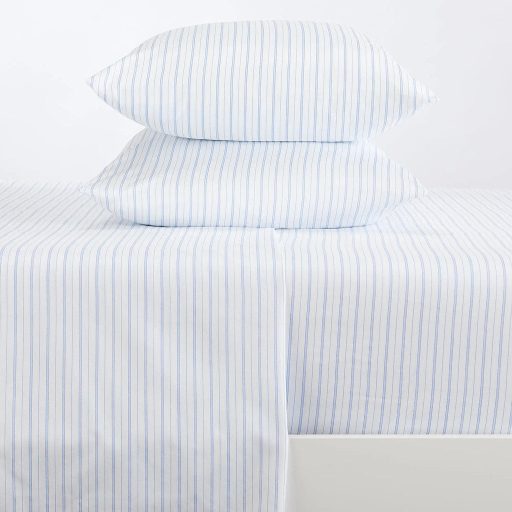 Stripe Sheet Set - Adeline Collection by Great Bay Home; blue pinstripe bed sheets with two matching pillows.