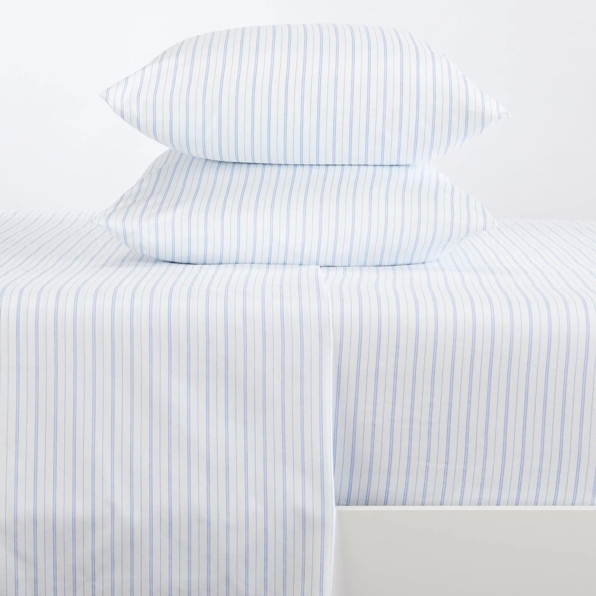 Stripe Sheet Set - Adeline Collection by Great Bay Home; blue pinstripe bed sheets with two matching pillows.
