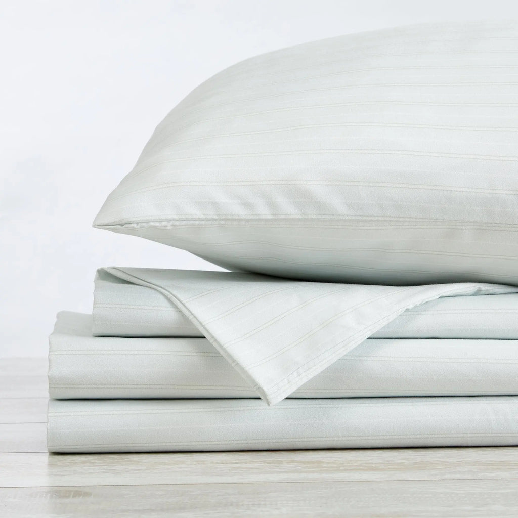 Stripe Sheet Set - Adeline Collection by Great Bay Home, light gray striped bed sheets.