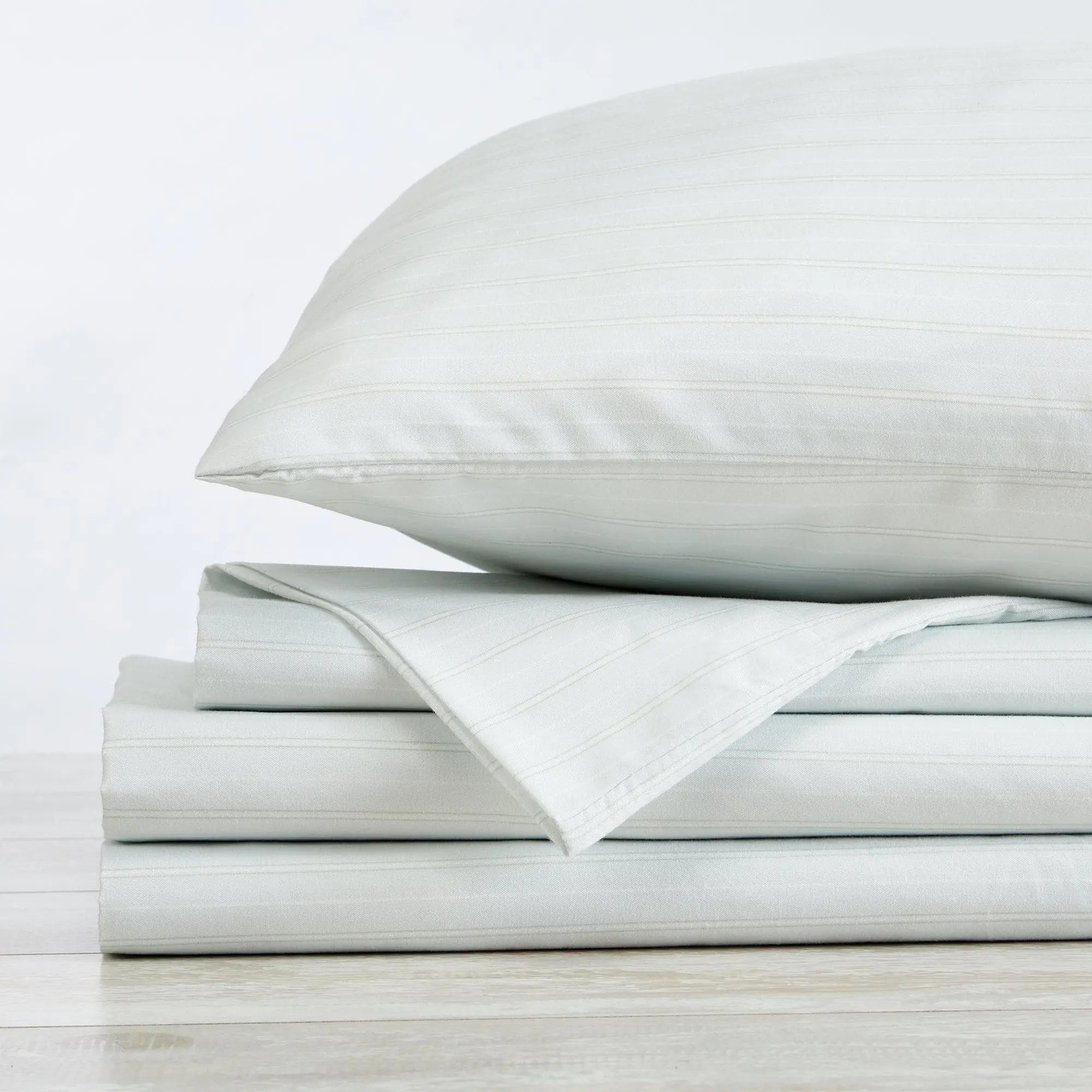 Stripe Sheet Set - Adeline Collection by Great Bay Home, light gray striped bed sheets.