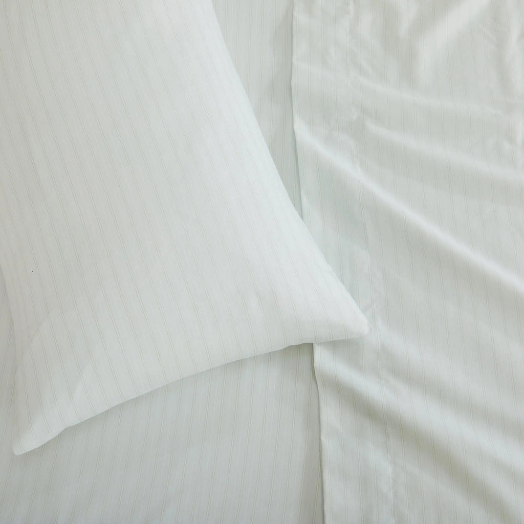 Great Bay Home Stripe Sheet Set Adeline Collection white pinstripe bed sheets with pillowcases