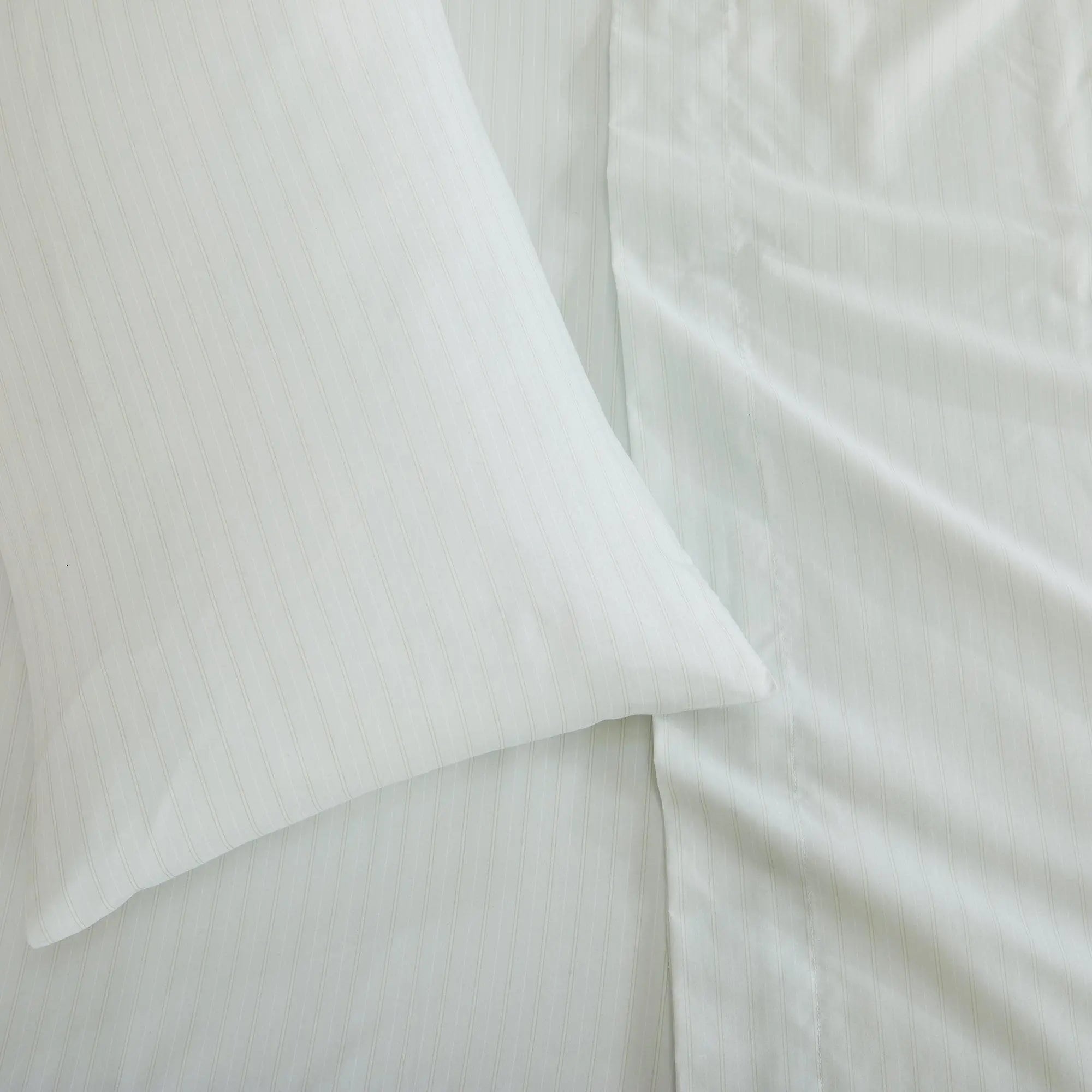 Great Bay Home Stripe Sheet Set Adeline Collection white pinstripe bed sheets with pillowcases