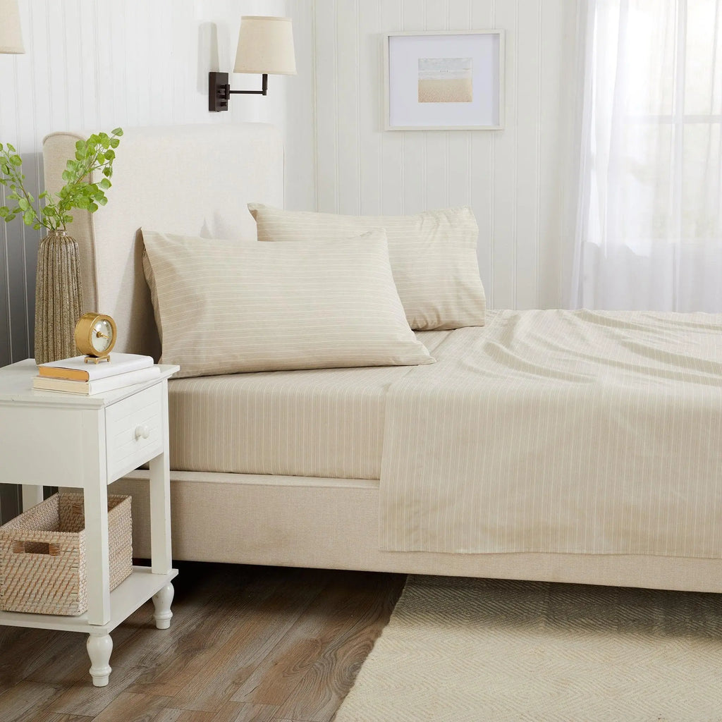 Stripe Sheet Set - Adeline Collection by Great Bay Home in beige stripes on a white bed