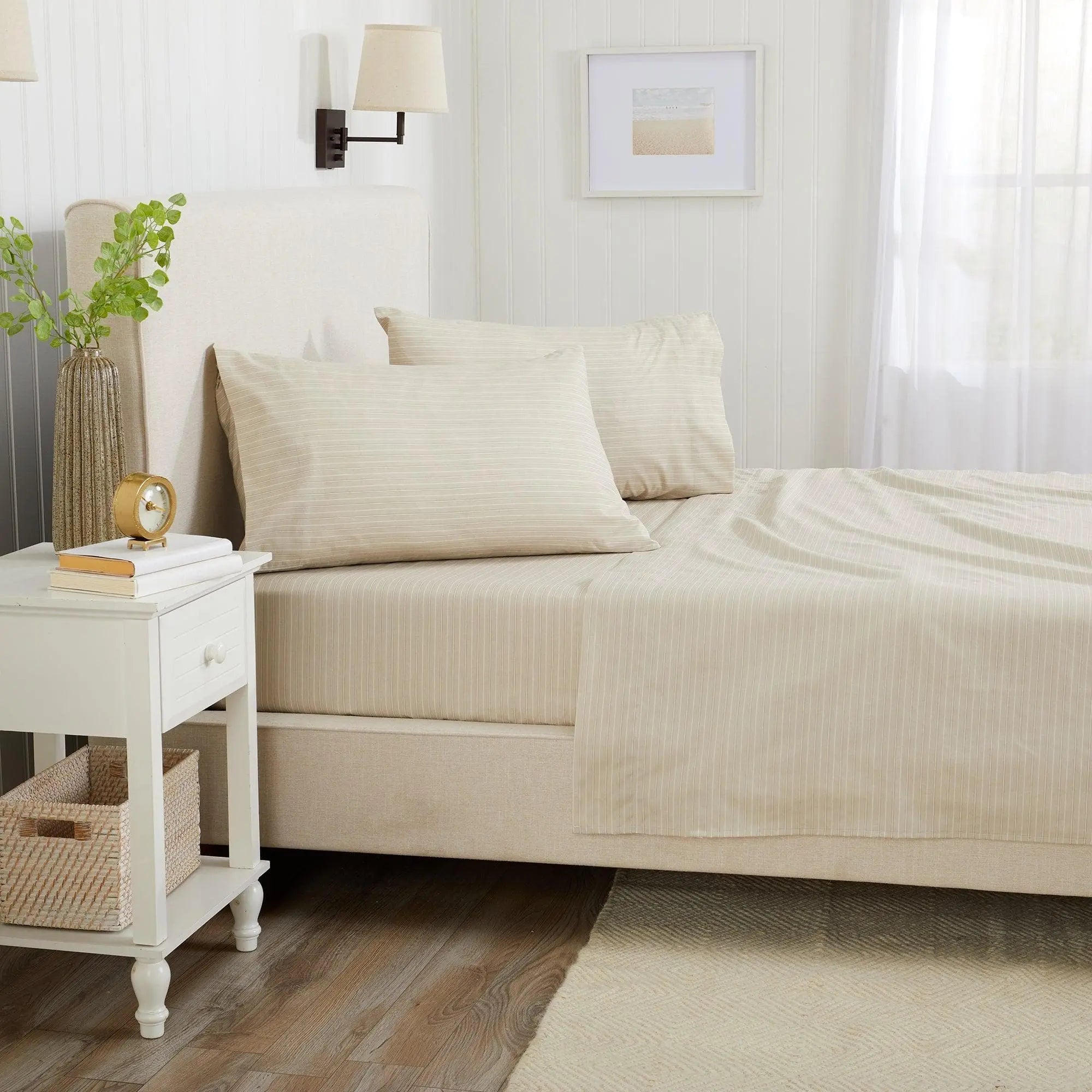 Stripe Sheet Set - Adeline Collection by Great Bay Home in beige stripes on a white bed