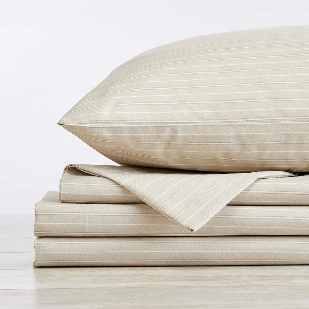 Stripe Sheet Set - Adeline Collection by Great Bay Home in beige with white stripes bed sheets