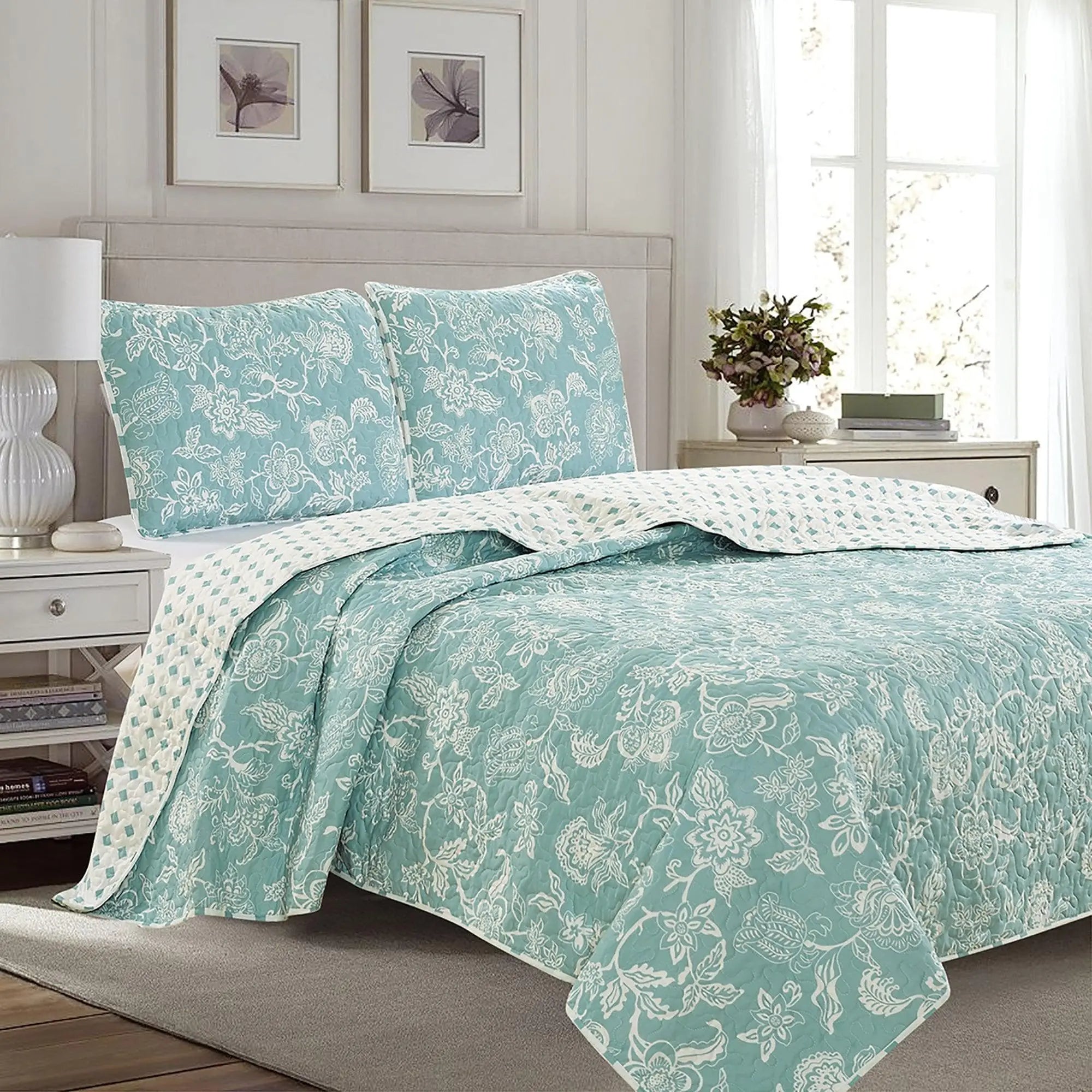 Floral Quilt - Emma Collection turquoise quilt set with matching shams by Great Bay Home