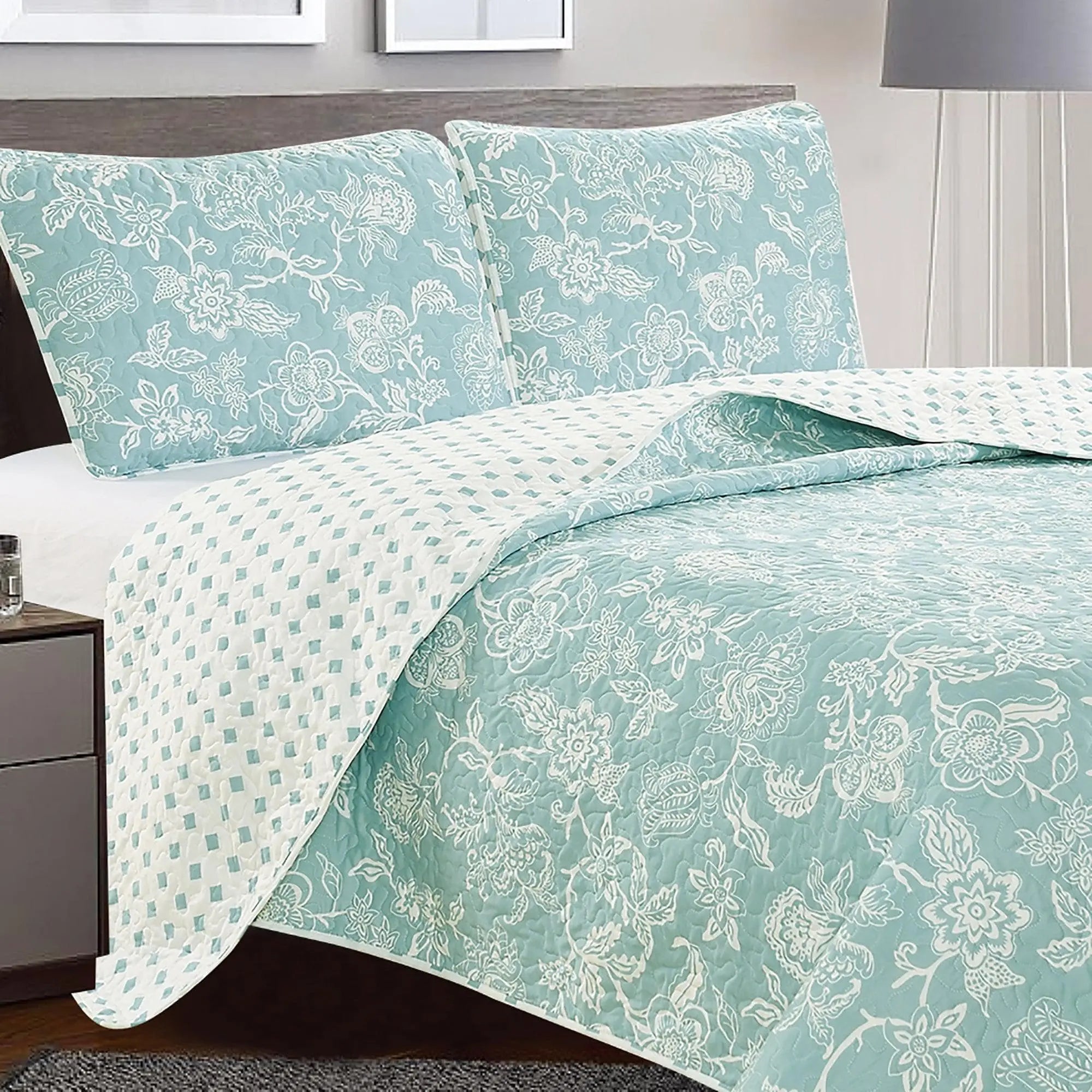 Floral Quilt - Emma Collection by Great Bay Home; teal quilt with white floral pattern and matching shams.