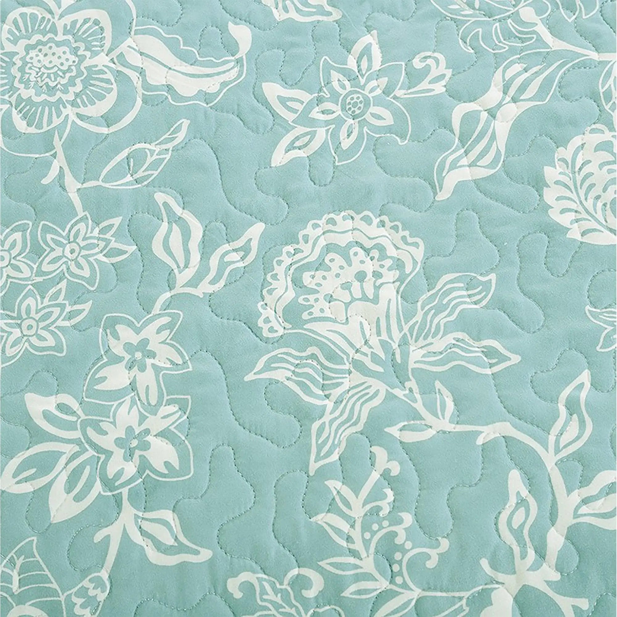 Floral Quilt Emma Collection by Great Bay Home in turquoise with white botanical print