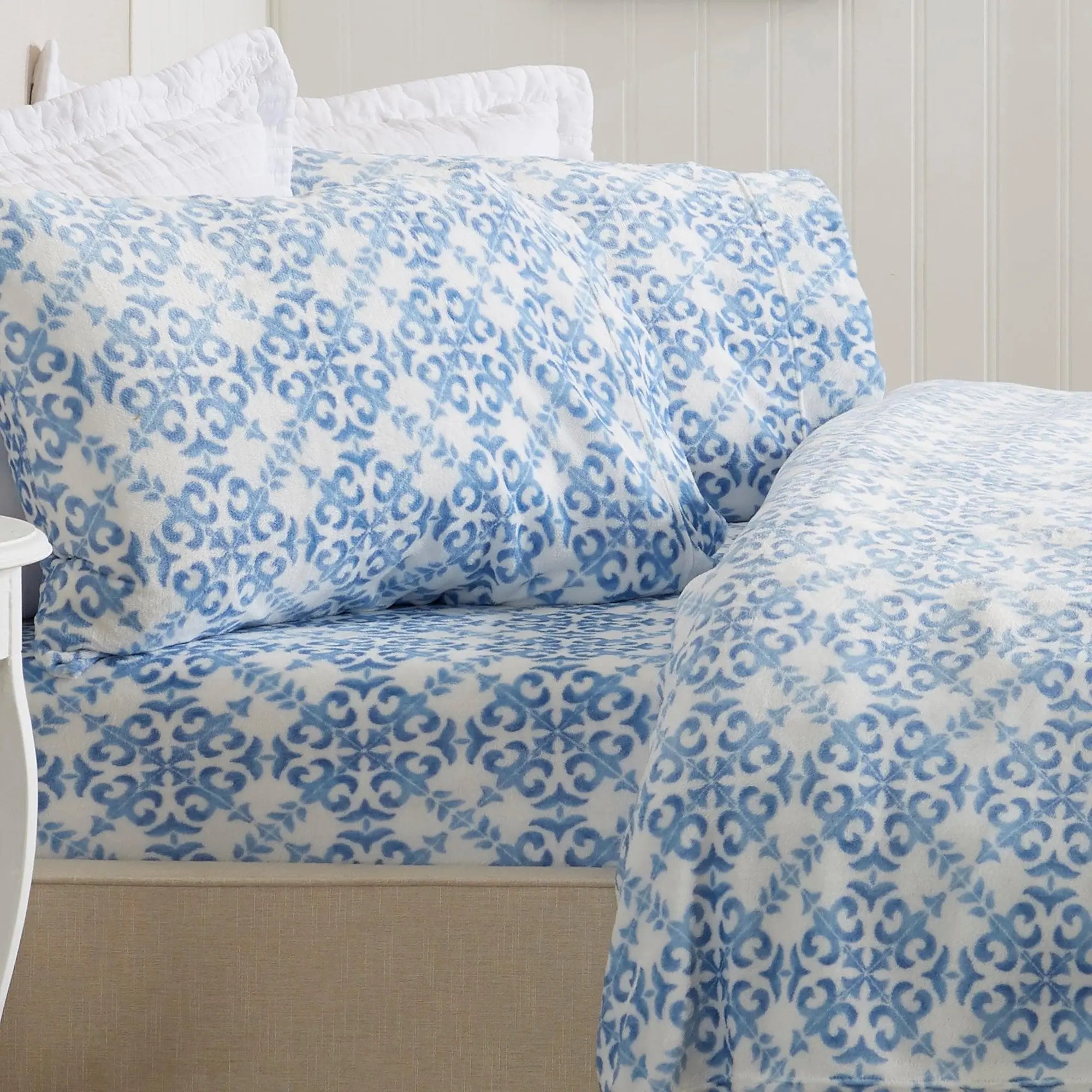 Velvet Luxe Bed Sheets - Lattice Collection by Great Bay Home, blue and white lattice print
