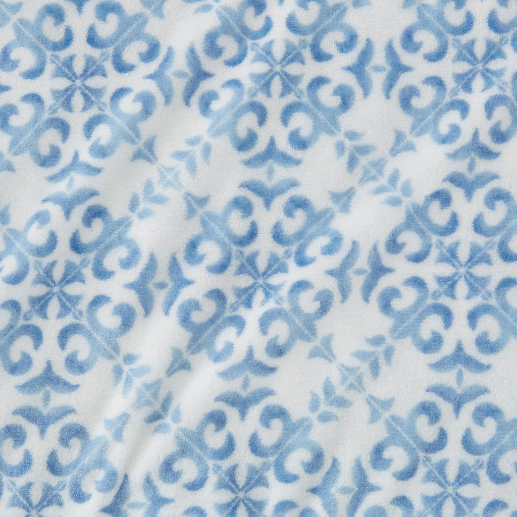 Velvet Luxe Bed Sheets by Great Bay Home, blue lattice pattern on white.