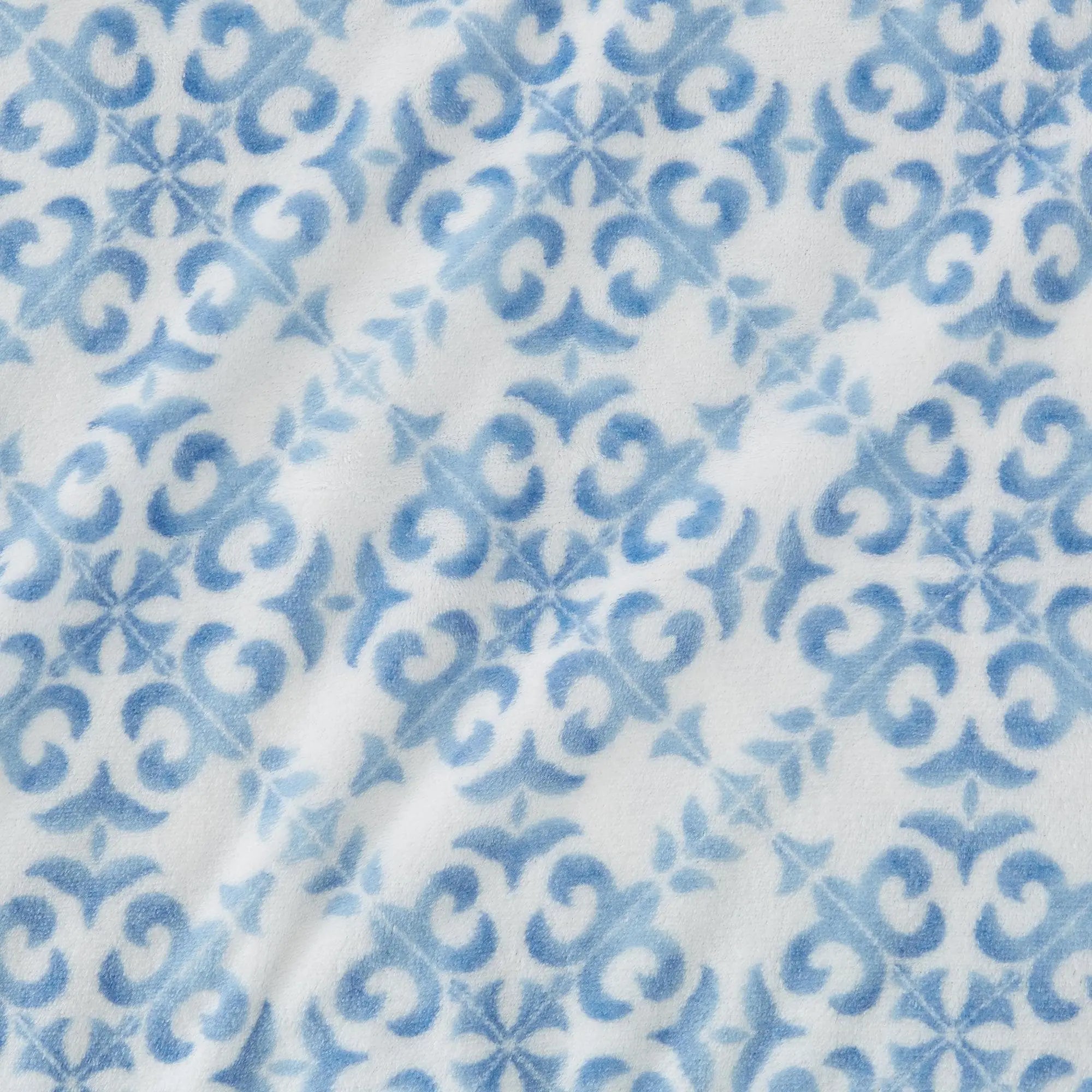 Velvet Luxe Bed Sheets by Great Bay Home, blue lattice pattern on white.
